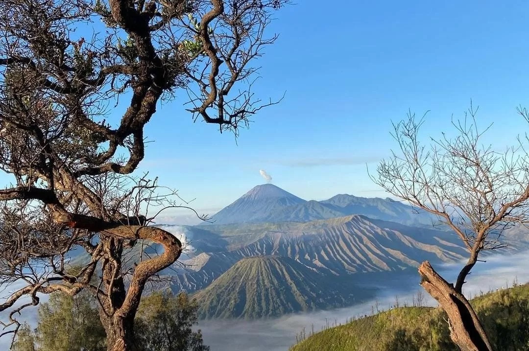 Panorama indah Gunung Bromo dengan latar belakang langit biru dan lautan pasir yang memukau, destinasi wisata terkenal di Jawa Timur.